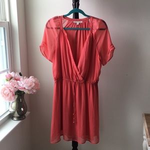 Daniel Rainn Coral spring wrap tie waist dress